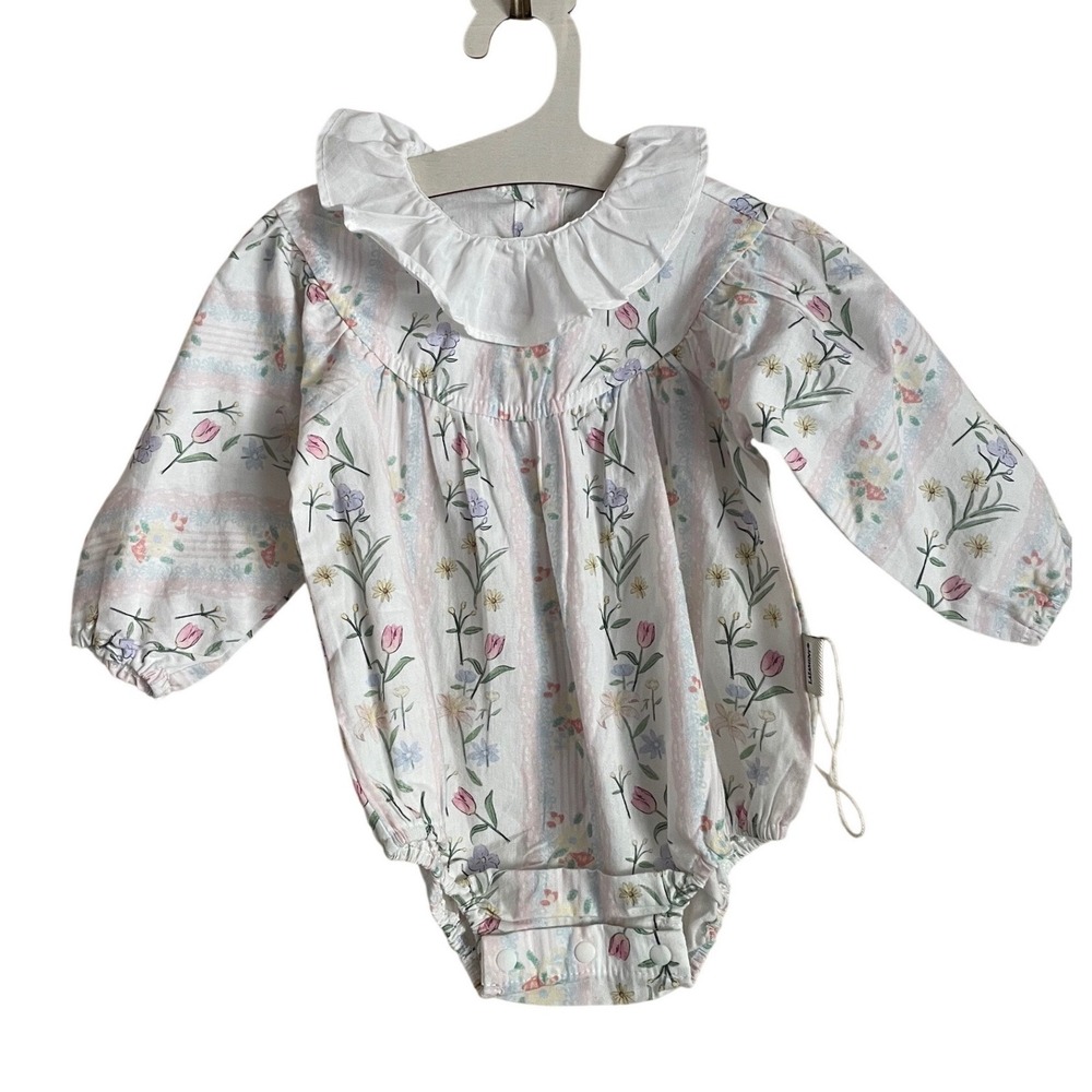 NWOT Organic Cotton Baby Floral Striped Ruffle Romper 3-6 Months White Cottage
